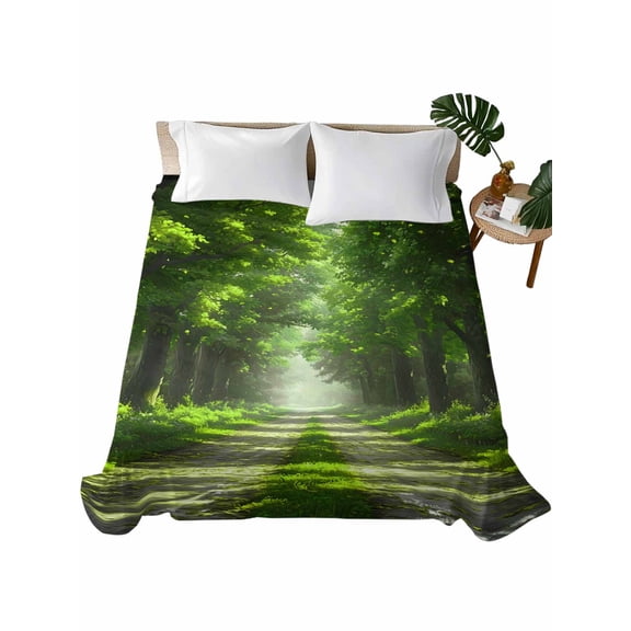 King Size Flat Sheet Only, Green Trees Soft Brushed Microfiber Bed Sheets, Forest Art Decor Spring Summer Nature Leaf Hotel Quality Breathable Bedding Top Sheet, Easy Care, 105"x98"