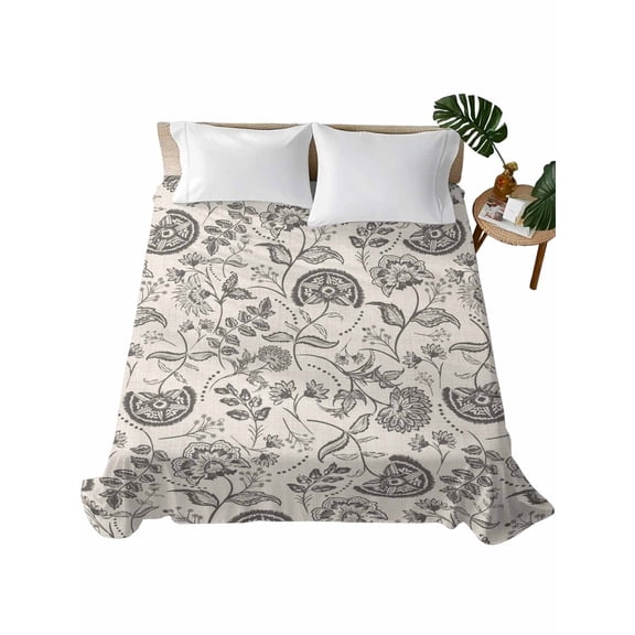 California King Size Flat Sheet Only, Grey Paisley Soft Brushed Microfiber Bed Sheets, Boho Flower Botanical Leaf Branch Hotel Quality Breathable Bedding Top Sheet, Easy Care, 108"x98"