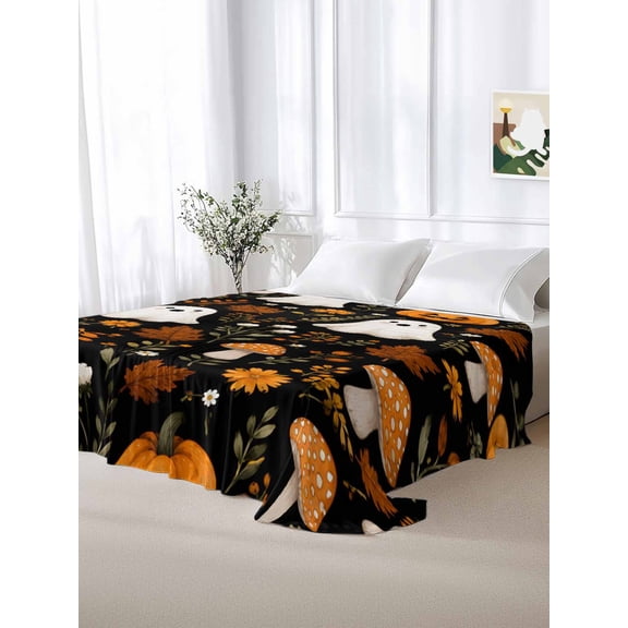 California King Size Flat Sheet Only,Halloween Cute Ghosts Soft Top Bed Sheets Breathable Bedding Sheet Small Pumpkins Mushrooms Microfiber Hotel Luxury Top Sheets