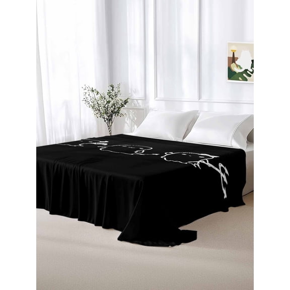 California King Size Flat Sheet Only,Halloween Funny Ghost with Forks Soft Top Bed Sheets Breathable Bedding Sheet White Devil Sketch on Black Microfiber Hotel Luxury Top Sheets