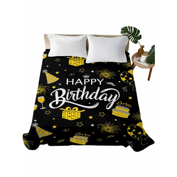California King Size Flat Sheet Only, Happy Birthday Soft Brushed Microfiber Bed Sheets, Yellow Cake Birthday Gifts Balloon Black Hotel Quality Breathable Bedding Top Sheet, Easy Care, 108"x98"