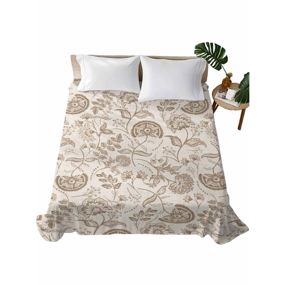 King Size Flat Sheet Only, Khaki Fruit Soft Brushed Microfiber Bed Sheets, Country Retro Floral Botanical Plant Hotel Quality Breathable Bedding Top Sheet, Easy Care, 105"x98"