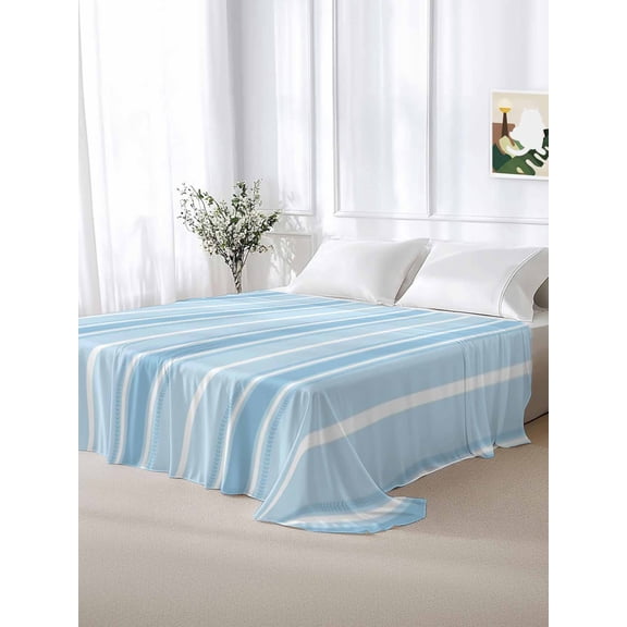 California King Size Flat Sheet Only,Light Blue and White Striped Soft Top Bed Sheets Breathable Bedding Sheet Classic Vertical Thin Stripe Microfiber Hotel Luxury Top Sheets