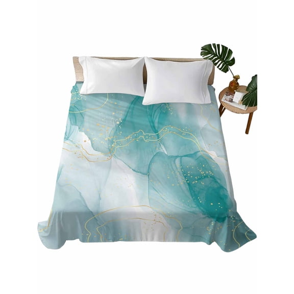 King Size Flat Sheet Only, Marble Aqua, Soft Brushed Microfiber Bed Sheets, Gradient Gold Aesthetics Abstract Minimalist Art Hotel Quality Breathable Bedding Top Sheet, Easy Care, 105"x98"