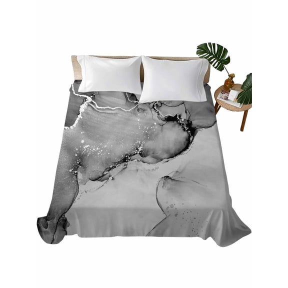King Size Flat Sheet Only, Marble Grey Soft Brushed Microfiber Bed Sheets, Modern Abstract Ink Painting Luxury Hotel Quality Breathable Bedding Top Sheet, Easy Care, 105"x98"