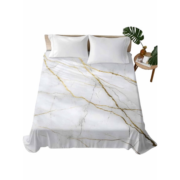 King Size Flat Sheet Only, Marble White Soft Brushed Microfiber Bed Sheets, Modern Abstract Art Golden Ink Painting Hotel Quality Breathable Bedding Top Sheet, Easy Care, 105"x98"
