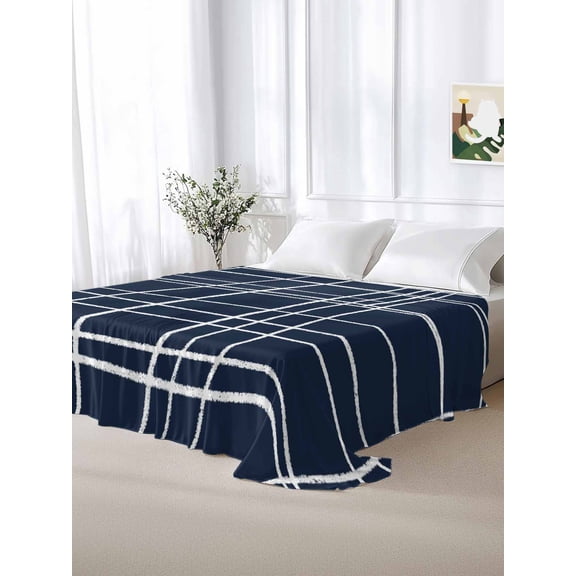 California King Size Flat Sheet Only,Minimalist Grid Lines Soft Top Bed Sheets Breathable Bedding Sheet Navy Blue Background Microfiber Hotel Top Sheets