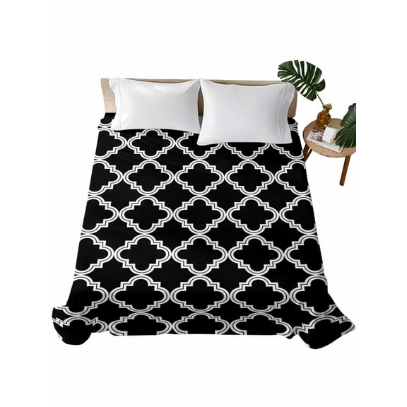 King Size Flat Sheet Only, Modern Black Geometric Soft Brushed Microfiber Bed Sheets, Abstract Art Morocco Aesthetic Hotel Quality Breathable Bedding Top Sheet, Easy Care, 105"x98"