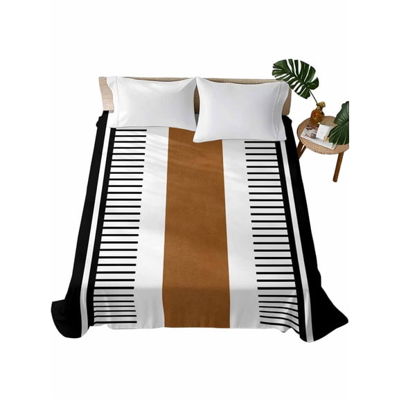 King Size Flat Sheet Only, Modern Brown Black Soft Brushed Microfiber Bed Sheets, Boho Contemporary Geometric Striped Hotel Quality Breathable Bedding Top Sheet, Easy Care, 105"x98"