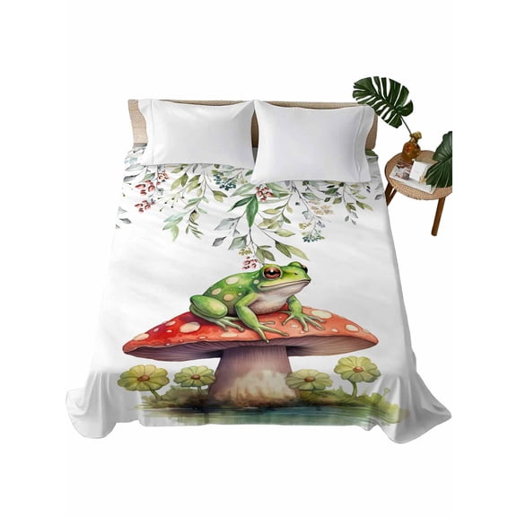 King Size Flat Sheet Only, Mushroom Frogs Soft Brushed Microfiber Bed Sheets, Spring Floral Summer Eucalyptus Leaves Hotel Quality Breathable Bedding Top Sheet, Easy Care, 105"x98"