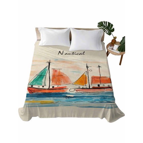 King Size Flat Sheet Only, Nautical Boat, Soft Brushed Microfiber Bed Sheets, Coastal Sailing Ship Ocean Painted Sea Hotel Quality Breathable Bedding Top Sheet, Easy Care, 105"x98"