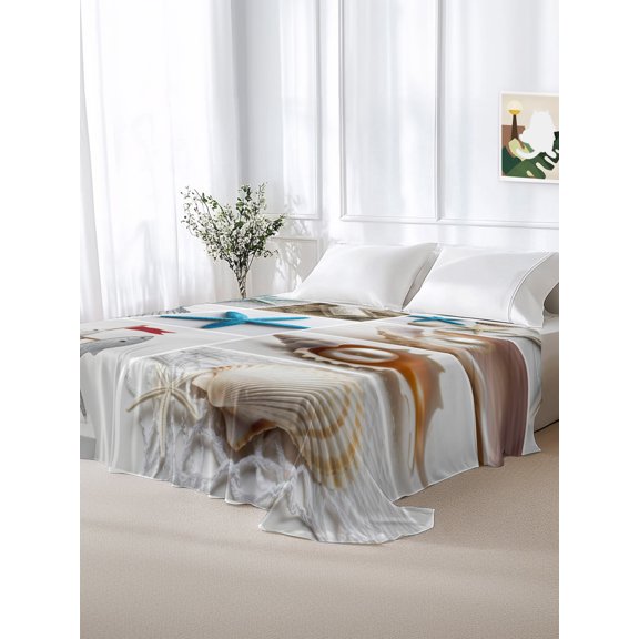 California King Size Flat Sheet Only,Nautical Ocean Starfish Seashell Patchwork Soft Top Bed Sheets Breathable Bedding Sheet Beach Theme Microfiber Hotel Luxury Top Sheets