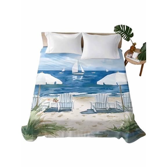 King Size Flat Sheet Only, Nautical Sea Wave Blue Soft Brushed Microfiber Bed Sheets, Ocean Coastal Beach Plant Hotel Quality Breathable Bedding Top Sheet, Easy Care, 105"x98"