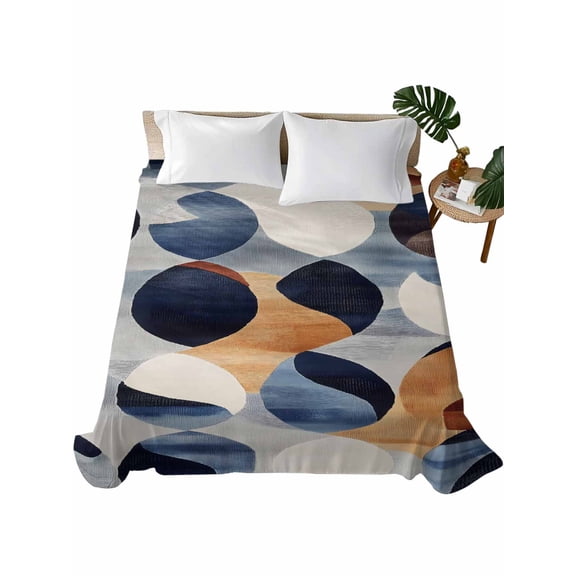 King Size Flat Sheet Only, Navy Blue Burnt Orange Soft Brushed Microfiber Bed Sheets, Retro Abstract Geometric Hotel Quality Breathable Bedding Top Sheet, Easy Care, 105"x98"