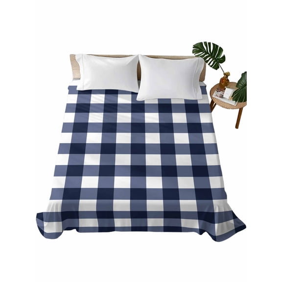 California King Size Flat Sheet Only, Navy Blue Check Soft Brushed Microfiber Bed Sheets, Farmhouse Buffalo Plaid Blue Hotel Quality Breathable Bedding Top Sheet, Easy Care, 108"x98"