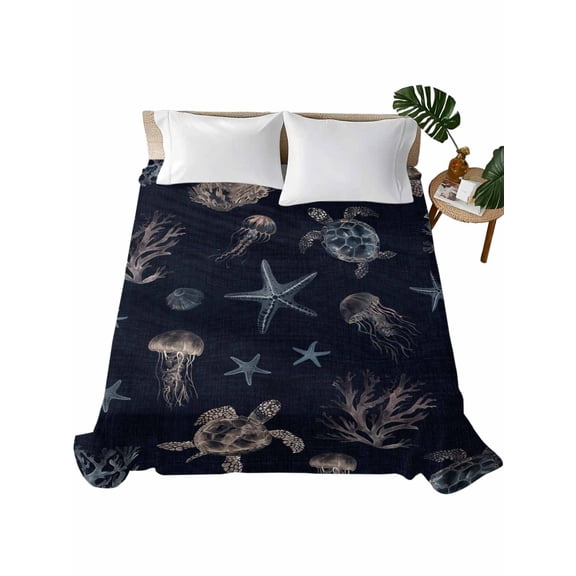 King Size Flat Sheet Only, Navy Blue Coastal Soft Brushed Microfiber Bed Sheets, Nautical Summer Beach Sea Turtle Starfish Hotel Quality Breathable Bedding Top Sheet, Easy Care, 105"x98"