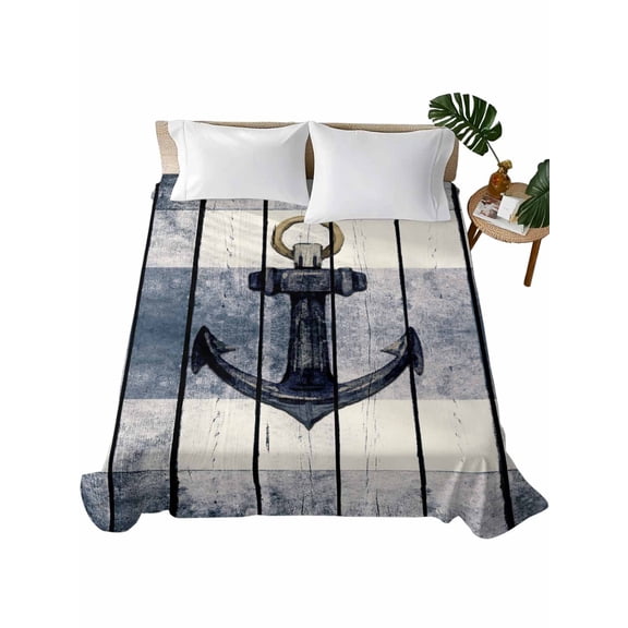 King Size Flat Sheet Only, Navy Blue Nautical Soft Brushed Microfiber Bed Sheets, Coastal Blue Striped Vintage Hotel Quality Breathable Bedding Top Sheet, Easy Care, 105"x98"