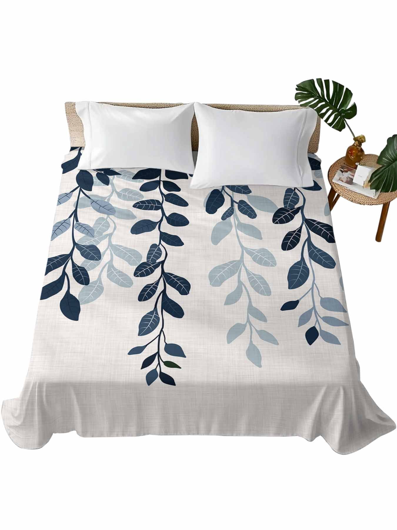 King Size Flat Sheet Only, Navy Blue Ombre Botanical Soft Brushed ...