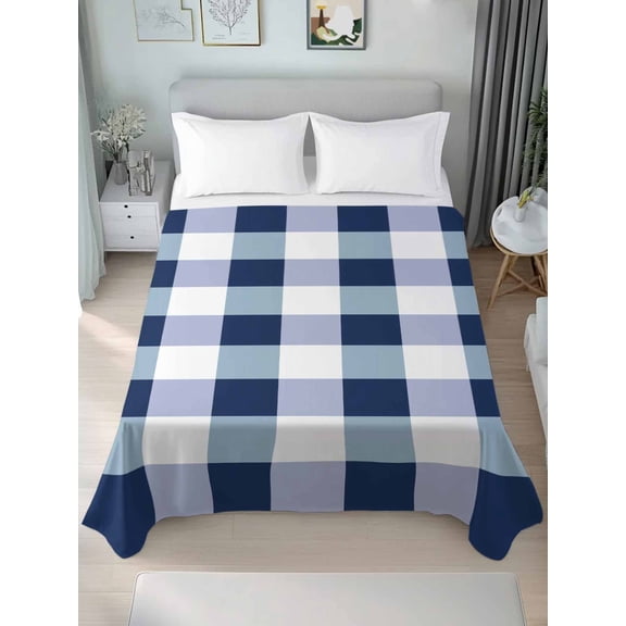 King Size Flat Sheet Only, Navy Blue White Buffalo Check Soft Brushed Microfiber Bed Sheets, Farmhouse Plaid Modern Geometric Hotel Quality Breathable Bedding Top Sheet, 105"x98"