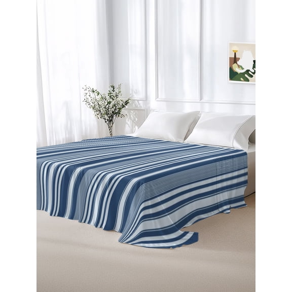 California King Size Flat Sheet Only,Neutral Textured Striped Soft Top Bed Sheets Breathable Bedding Sheet Navy Blue Thin Stripe Pattern Microfiber Hotel Luxury Top Sheets