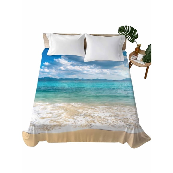 King Size Flat Sheet Only, Ocean Beach Soft Brushed Microfiber Bed Sheets, Blue Sky Waves Sand Horizon Shore Summer Hotel Quality Breathable Bedding Top Sheet, Easy Care, 105"x98"