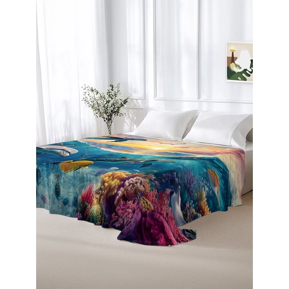 California King Size Flat Sheet Only,Ocean Dolphin Blue Ocean Coral Soft Top Bed Sheets Breathable Bedding Sheet Watercolor Underwater World Microfiber Hotel Luxury Top Sheets