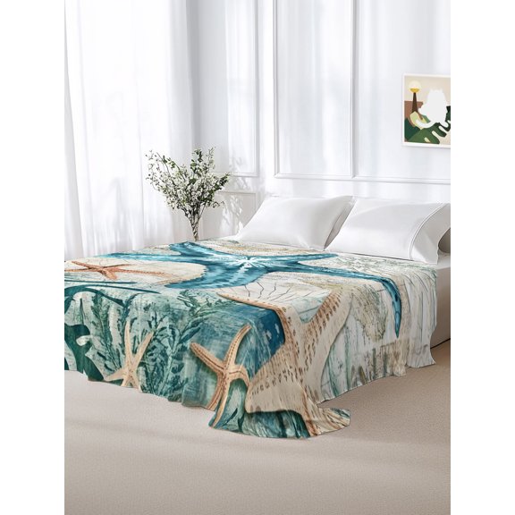 California King Size Flat Sheet Only,Ocean Starfish Coral Shells Soft Top Bed Sheets Breathable Bedding Sheet Vintage Map Underwater World Microfiber Hotel Luxury Top Sheets