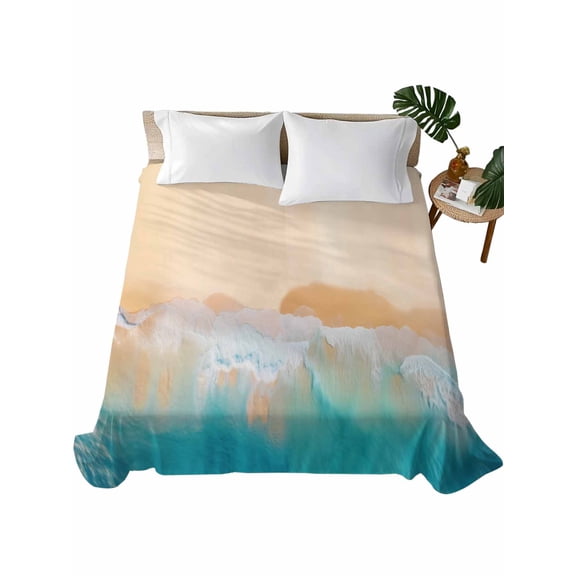 King Size Flat Sheet Only, Orange Aqua Coastal Soft Brushed Microfiber Bed Sheets, Summer Beach Seaside Nautical Hotel Quality Breathable Bedding Top Sheet, Easy Care, 105"x98"