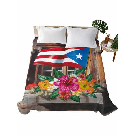 California King Size Flat Sheet Only,Puerto Rico Flag with Colorful Flowers Soft Top Bed Sheets Breathable Bedding Sheet Vintage Farm Barn Microfiber Hotel Luxury Top Sheets