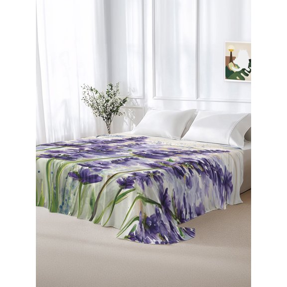 California King Size Flat Sheet Only,Purple Lavender Dragonfly Soft Top Bed Sheets Breathable Bedding Sheet Country Flower Art Vintage Wood Texture Microfiber Hotel Top Sheets
