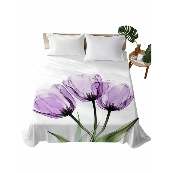 King Size Flat Sheet Only, Purple Tulip Soft Brushed Microfiber Bed Sheets, Modern Blossom Pastel White Floral Petal Hotel Quality Breathable Bedding Top Sheet, Easy Care, 105"x98"