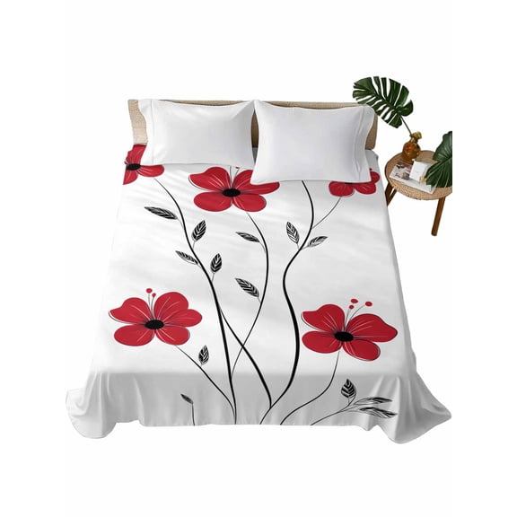 California King Size Flat Sheet Only, Red Floral Spring Soft Brushed Microfiber Bed Sheets, Summer Botanical Pastoral Elegant Hotel Quality Breathable Bedding Top Sheet, Easy Care, 108"x98"