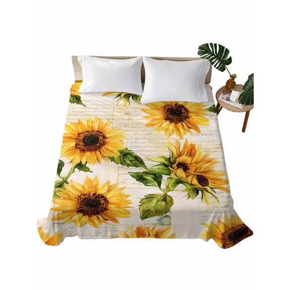 King Size Flat Sheet Only, Retro Sunflower Soft Brushed Microfiber Bed Sheets, Watercolor Letter Flowers Hotel Quality Breathable Bedding Top Sheet, Easy Care, 105"x98"