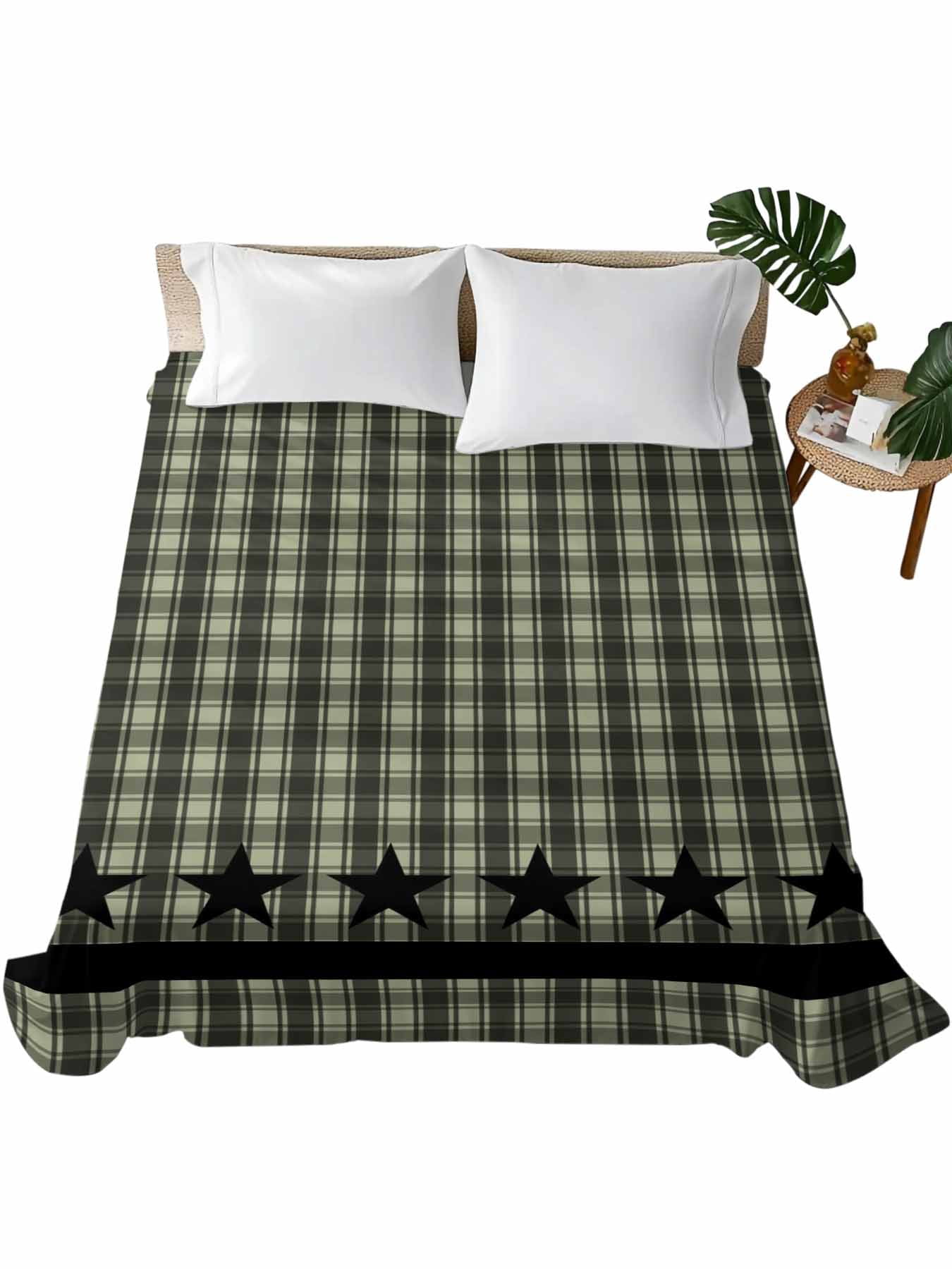 California King Size Flat Sheet Only, Sage Green Black Plaid Soft ...
