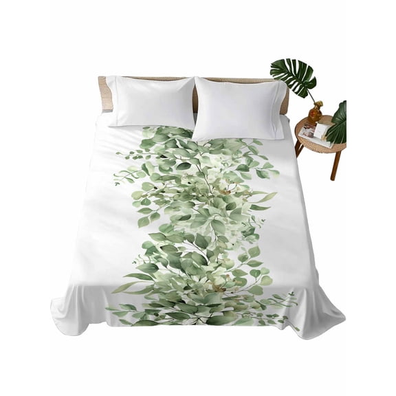 King Size Flat Sheet Only, Sage Green Eucalyptus Leaves Soft Brushed Microfiber Bed Sheets, Spring Summer Botanical Floral Hotel Quality Breathable Bedding Top Sheet, Easy Care, 105"x98"