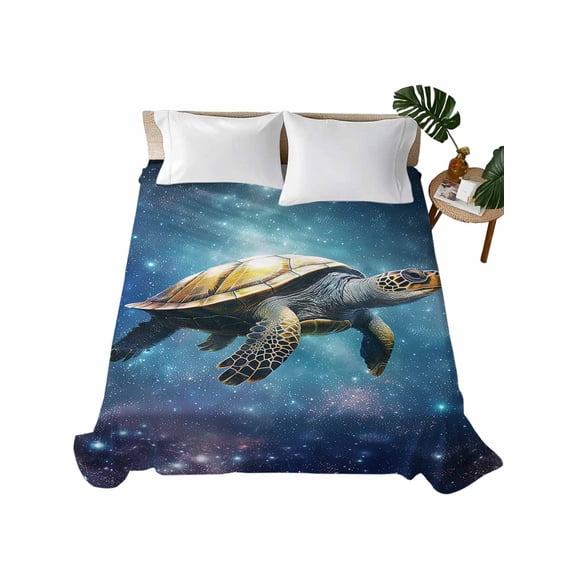 King Size Flat Sheet Only, Sea Turtle Soft Brushed Microfiber Bed Sheets, Coastal Blue Ombre Star Sky Hotel Quality Breathable Bedding Top Sheet, Easy Care, 105"x98"