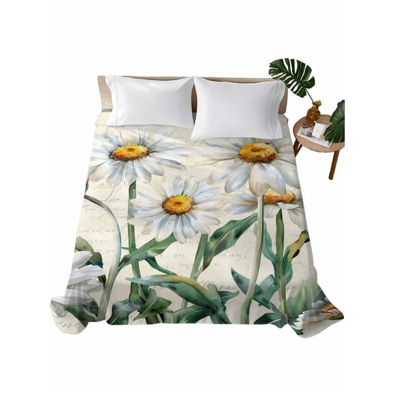 California King Size Flat Sheet Only, Spring Floral Soft Brushed Microfiber Bed Sheets, Vintage Summer Botanical White Daisy Hotel Quality Breathable Bedding Top Sheet, Easy Care, 108"x98"