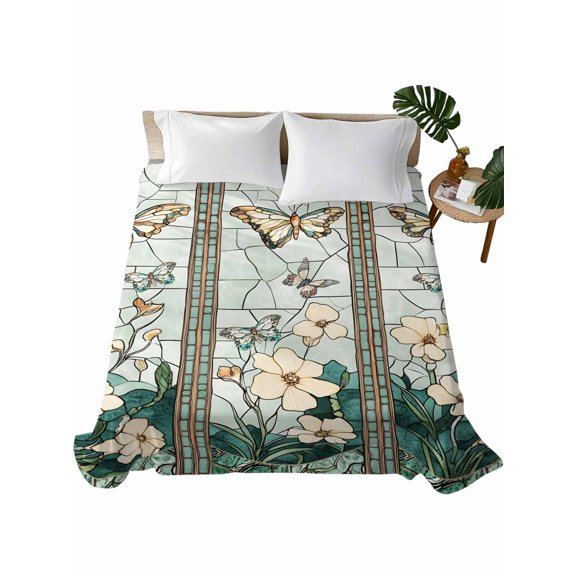 California King Size Flat Sheet Only, Spring Soft Brushed Microfiber Bed Sheets, Butterfly Summer Botanical Flower Hotel Quality Breathable Bedding Top Sheet, Easy Care, 108"x98"