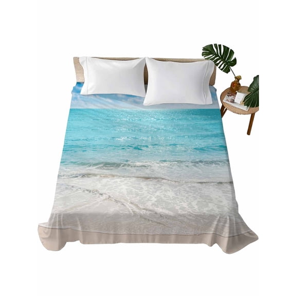 California King Size Flat Sheet Only, Summer Beach Soft Brushed Microfiber Bed Sheets, Blue Coastal Ocean Seaside Nautical Hotel Quality Breathable Bedding Top Sheet, Easy Care, 108"x98"