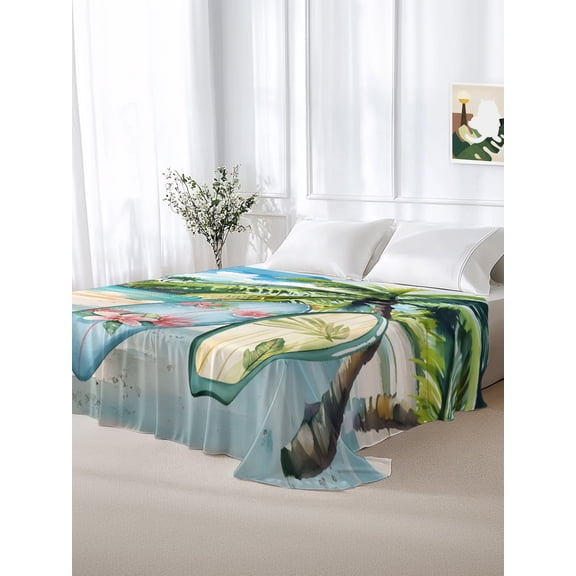 California King Size Flat Sheet Only,Summer Beach Surfing Coconut Tree Soft Top Bed Sheets Breathable Bedding Sheet Watercolor Oil Painting Art Microfiber Hotel Top Sheets