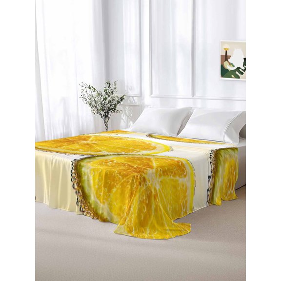 California King Size Flat Sheet Only,Summer Fruit Lemon Slices Soft Top Bed Sheets Breathable Bedding Sheet Kitchen Yellow White Microfiber Hotel Luxury Top Sheets