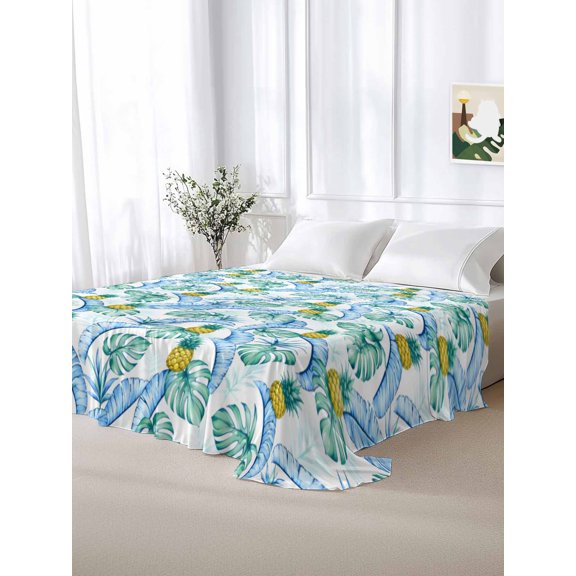 California King Size Flat Sheet Only,Summer Pineapple Monstera Palm Leaf Soft Top Bed Sheets Breathable Bedding Sheet Tropical Fruit Botanical Microfiber Hotel Luxury Top Sheets