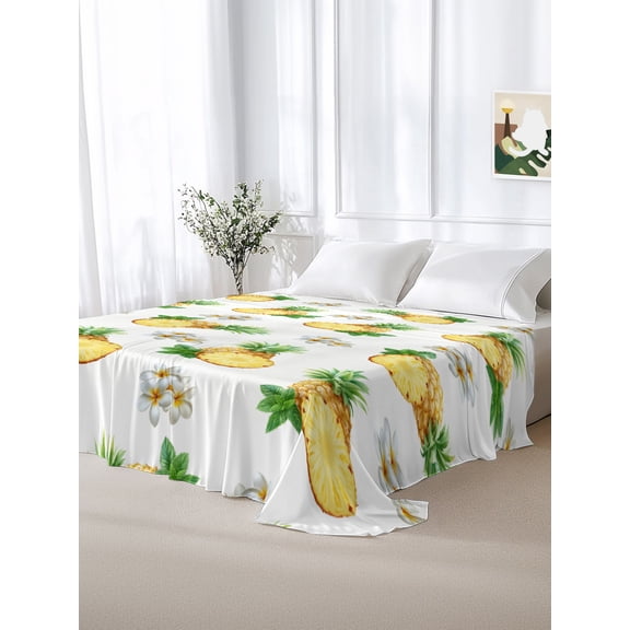 California King Size Flat Sheet Only,Summer Watercolor Pineapple Soft Top Bed Sheets Breathable Bedding Sheet Seamless Fruit Flower Art Microfiber Hotel Top Sheets