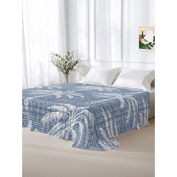 California King Size Flat Sheet Only,Summer White Palm Trees Soft Top Bed Sheets Breathable Bedding Sheet Rustic Slate Blue Background Microfiber Hotel Luxury Top Sheets