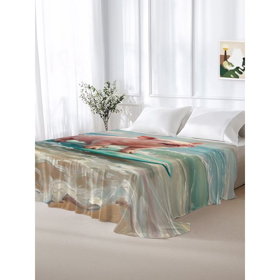 California King Size Flat Sheet Only,Surfing Farm Pink Pig Soft Top Bed Sheets Breathable Bedding Sheet Summer Blue Sea Wave Beach Microfiber Hotel Luxury Top Sheets
