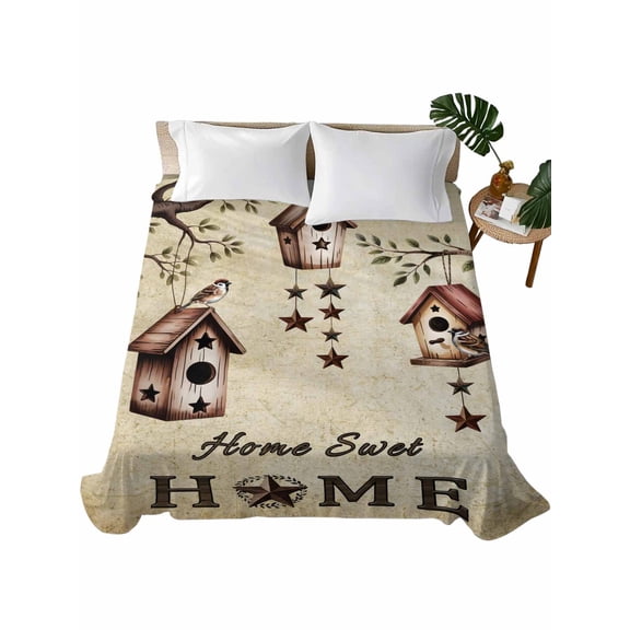 California King Size Flat Sheet Only,Sweet Home Sparrows Soft Top Bed Sheets Breathable Bedding Sheet Bird Houses Country Stars Microfiber Hotel Luxury Top Sheets