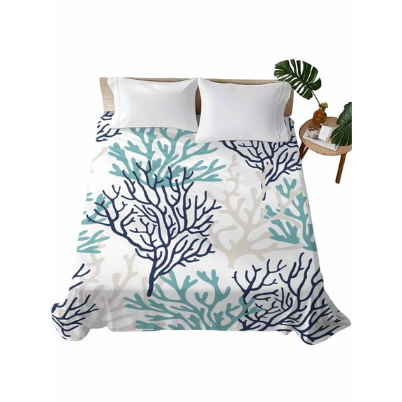 King Size Flat Sheet Only, Teal Blue Grey Coral Coastal Soft Brushed Microfiber Bed Sheets, Summer Beach Seaside Nautical Hotel Quality Breathable Bedding Top Sheet, Easy Care, 105"x98"