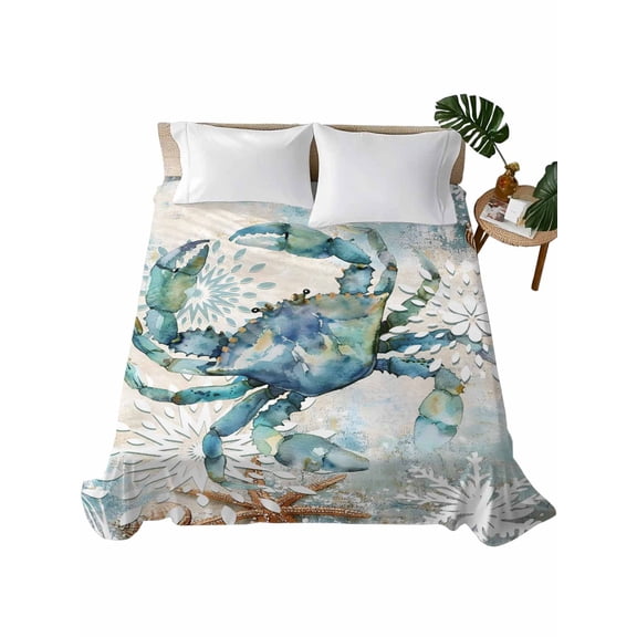 California King Size Flat Sheet Only, Teal Crab Coastal Soft Brushed Microfiber Bed Sheets, Nautical Summer Beach Starfish Ocean Hotel Quality Breathable Bedding Top Sheet, Easy Care, 108"x98"
