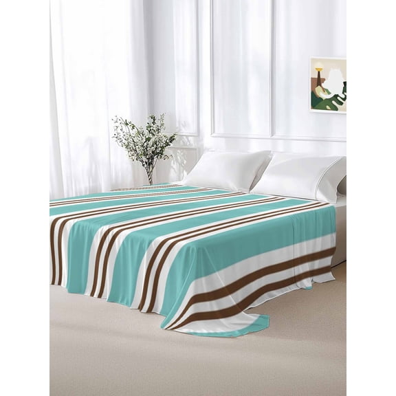 California King Size Flat Sheet Only,Teal Green and White Striped Soft Top Bed Sheets Breathable Bedding Sheet Neutral Vertical Thin Stripe Microfiber Hotel Luxury Top Sheets