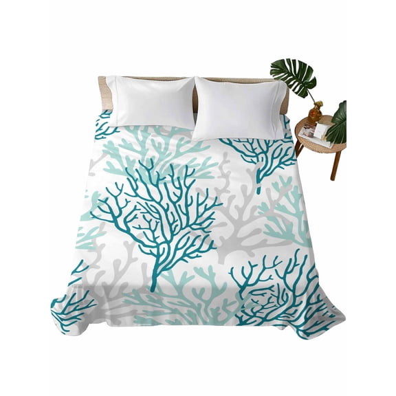 King Size Flat Sheet Only, Teal Grey Coral Coastal Soft Brushed Microfiber Bed Sheets, Summer Beach Seaside Nautical Hotel Quality Breathable Bedding Top Sheet, Easy Care, 105"x98"